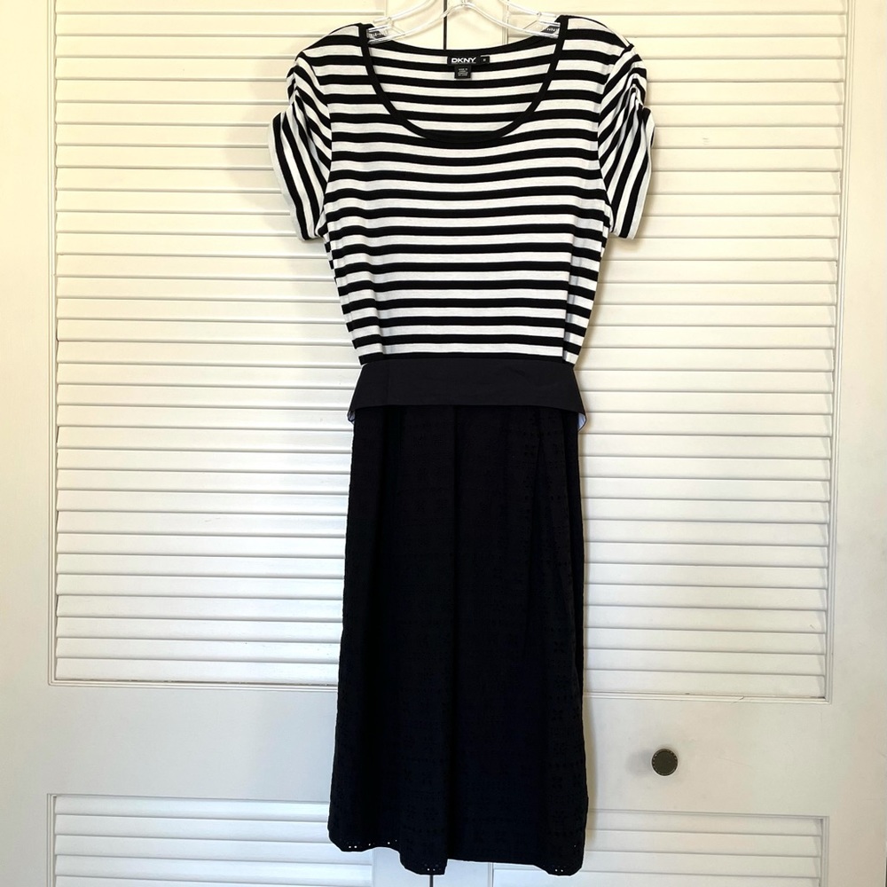 DKNY Striped Eyelet Dress with Sash Belt Size M